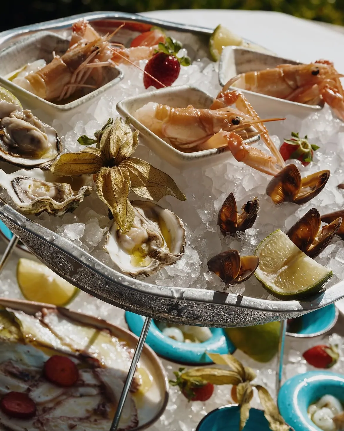 Fresh seafood platter with oysters and shellfish on ice at the BOJO Resort restaurant